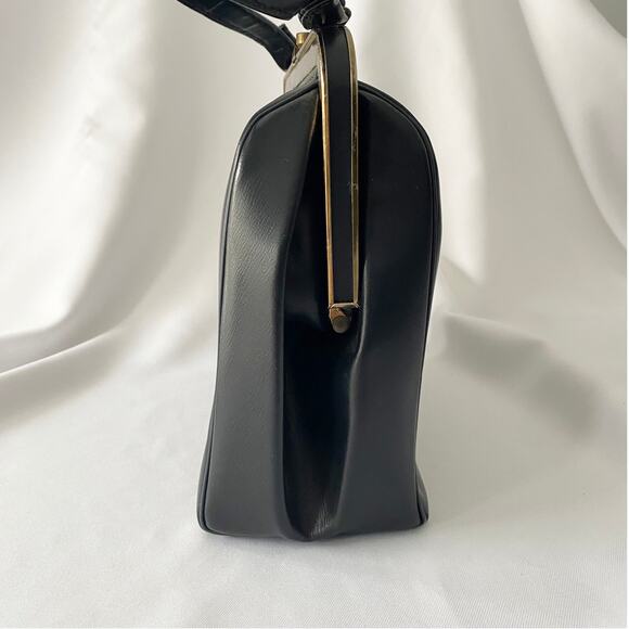 Vintage Black Leather Handbag - Retro Structured Top Handle Purse - Picture 6 of 12